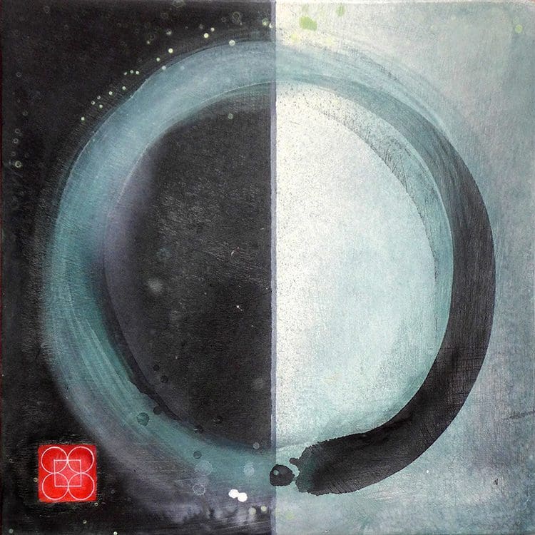 A painting of an enso circle with a red seal.