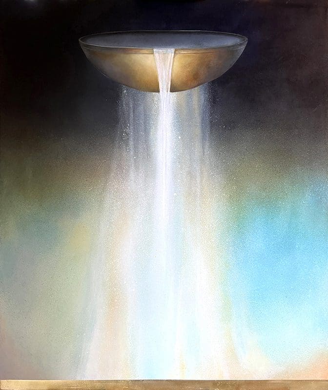 A painting of a bowl with a light shining on it.
