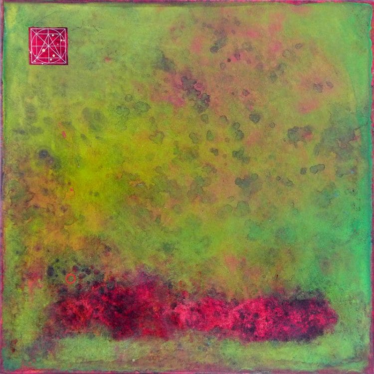 A painting of green and red with a square in the middle.