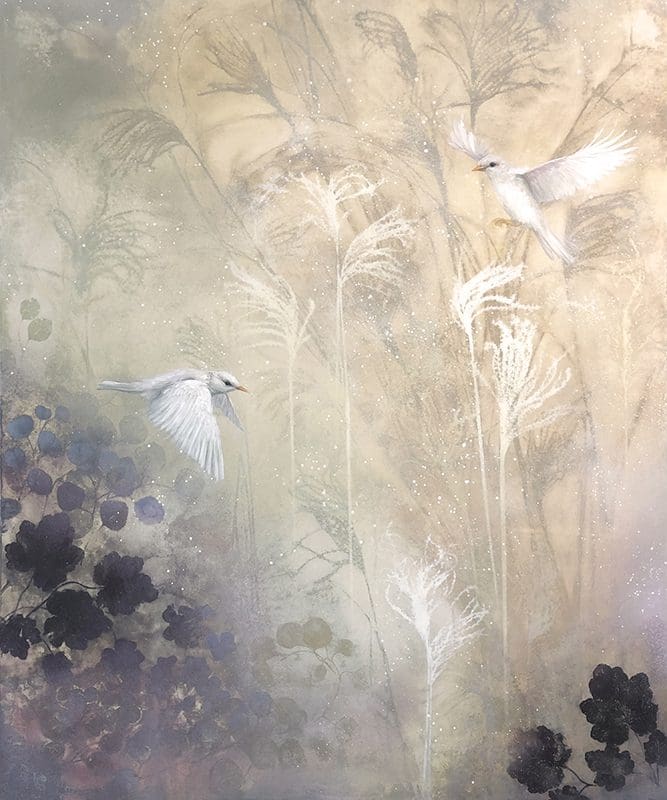 A painting of birds flying over plants