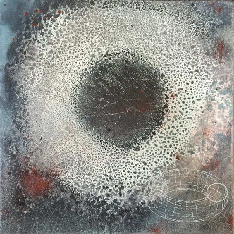 A painting of an abstract black and white circle