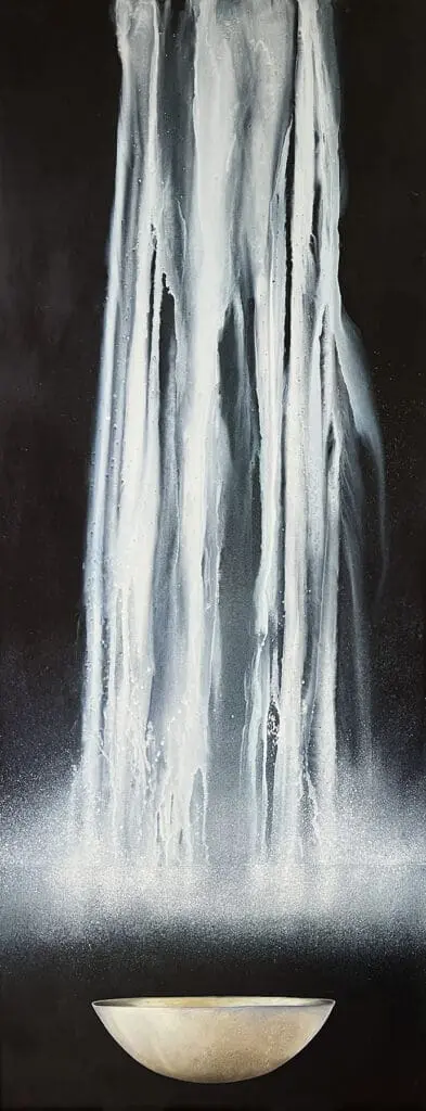 A painting of a waterfall with white water