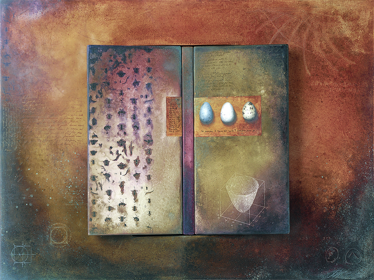 A painting of two doors with three small holes in them.