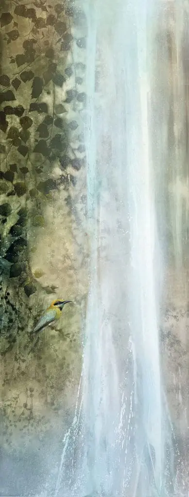 A painting of a bird flying near a waterfall