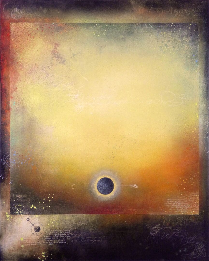 A painting of an orange and yellow sky with a black hole in the center.