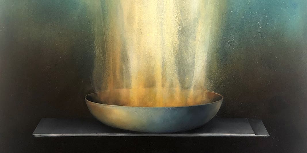 A painting of a bowl with light shining through it.