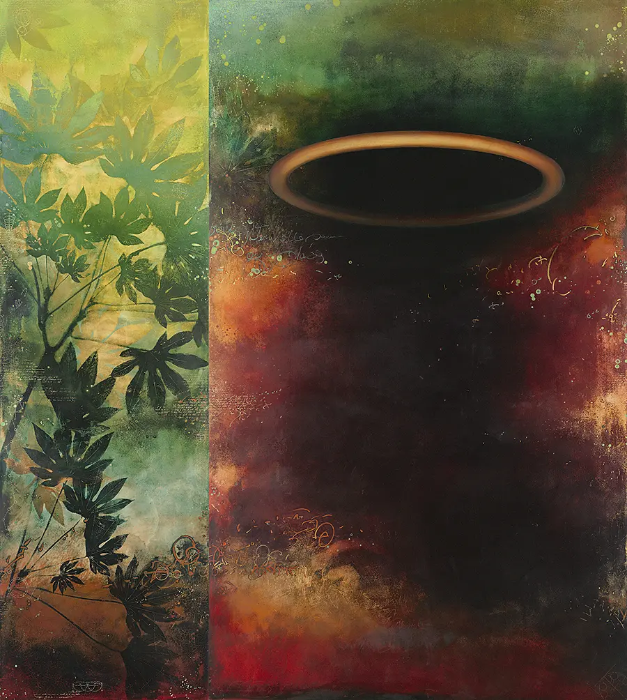 A painting of a plant and a black hole