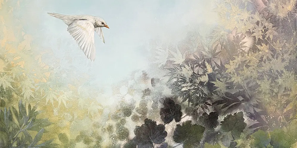 A painting of a bird flying over some bushes