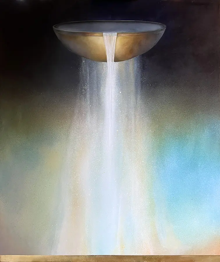 A painting of a bowl with water pouring out.