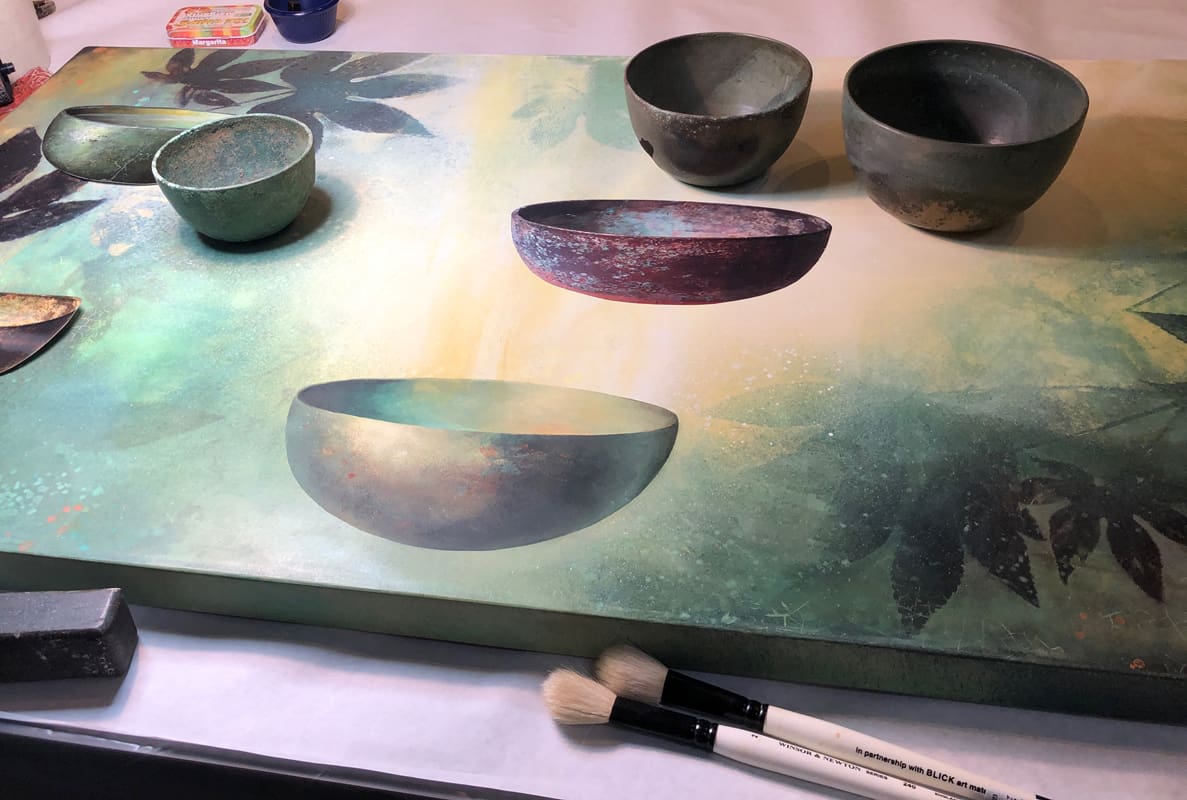 A painting of bowls and brushes on top of a table.