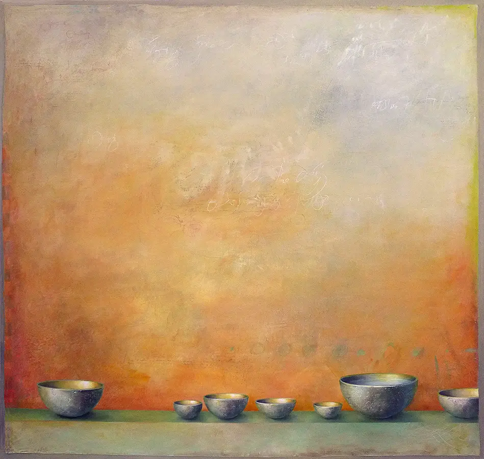 A painting of bowls on the ground in front of an orange wall.