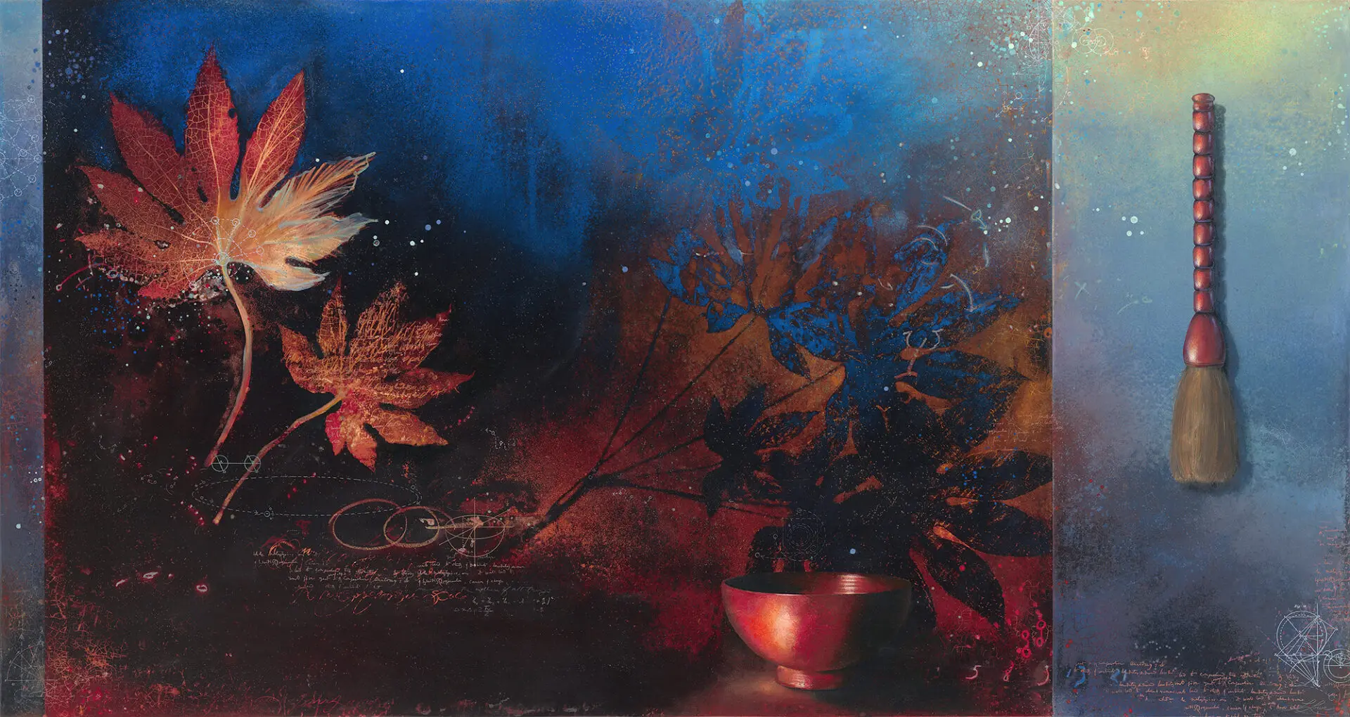 A painting of leaves and a bowl on the ground.