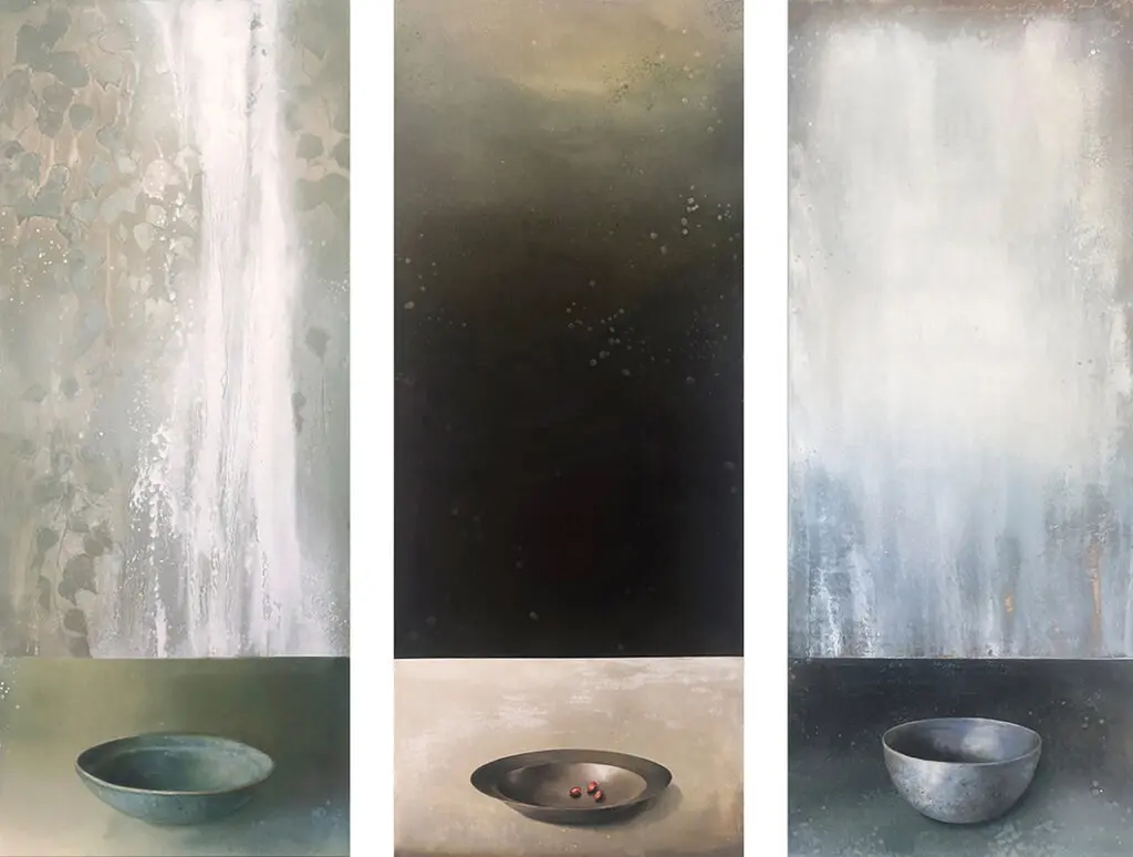 Three paintings of a bowl and a mirror