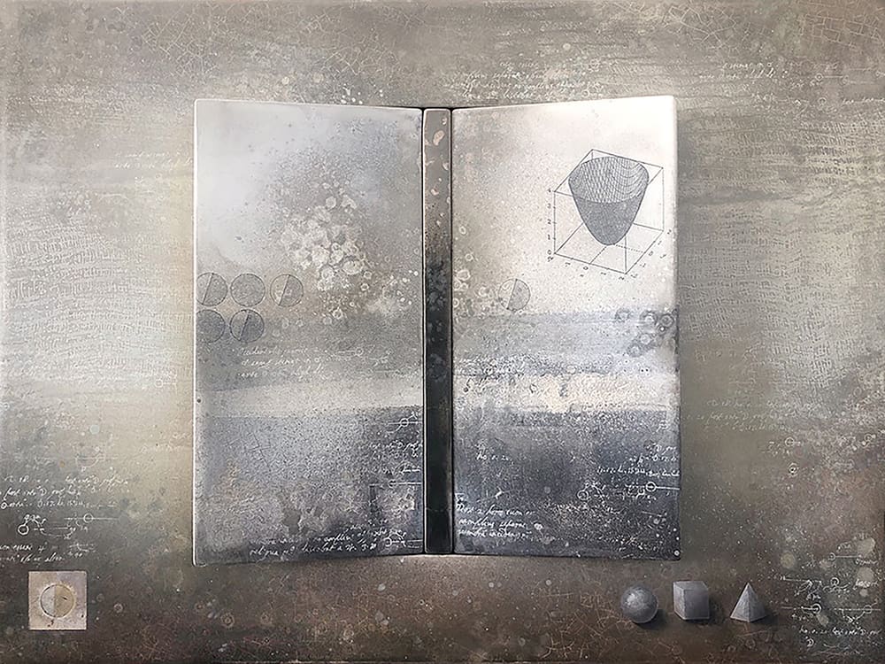A painting of two pieces of metal with some shapes in the background
