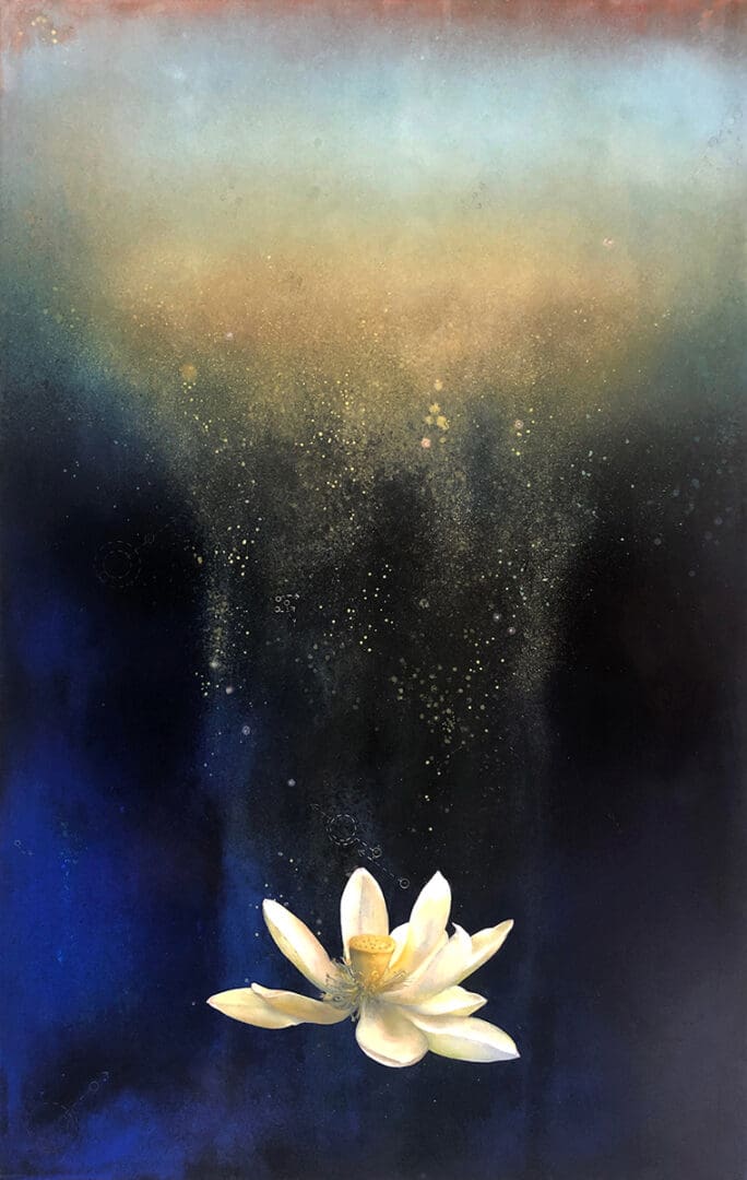 A painting of a white lotus flower on a blue background.