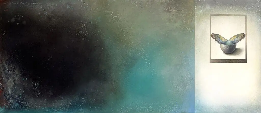 A painting of smoke and water in the background.