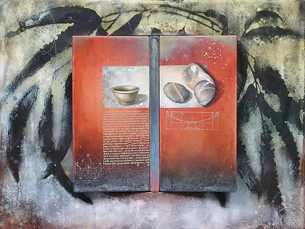 A painting of two books with coffee cups on the covers.