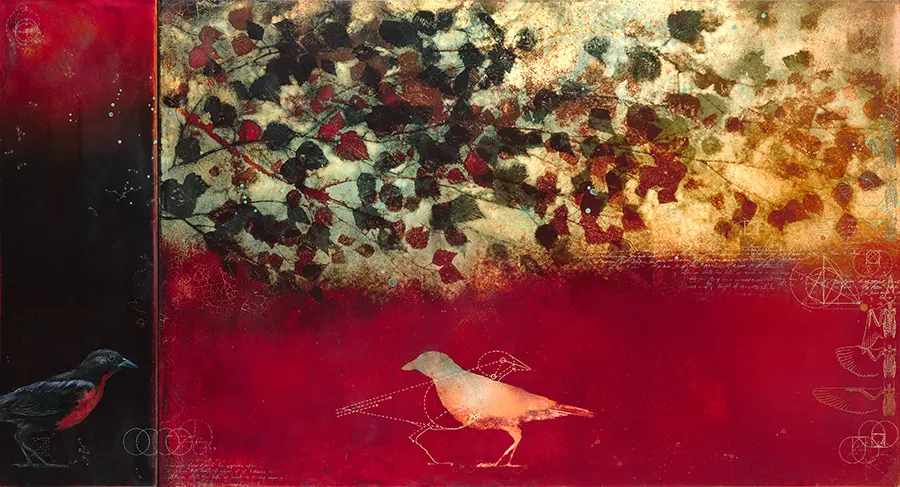 A painting of a bird on red ground