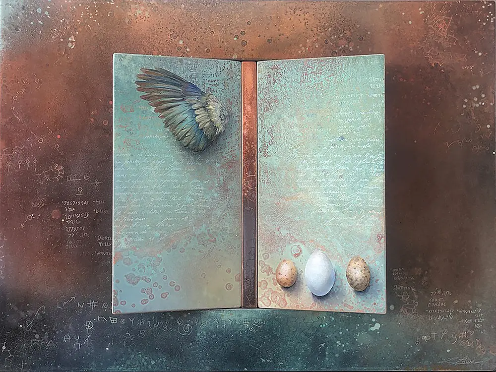 A painting of an open book with two eggs and a butterfly.