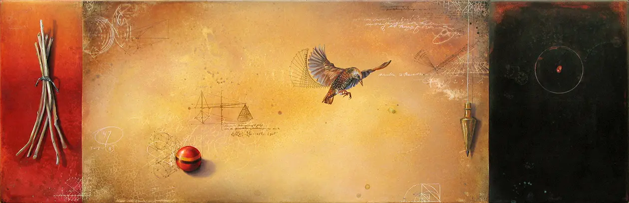 A painting of a bird flying in the sky.