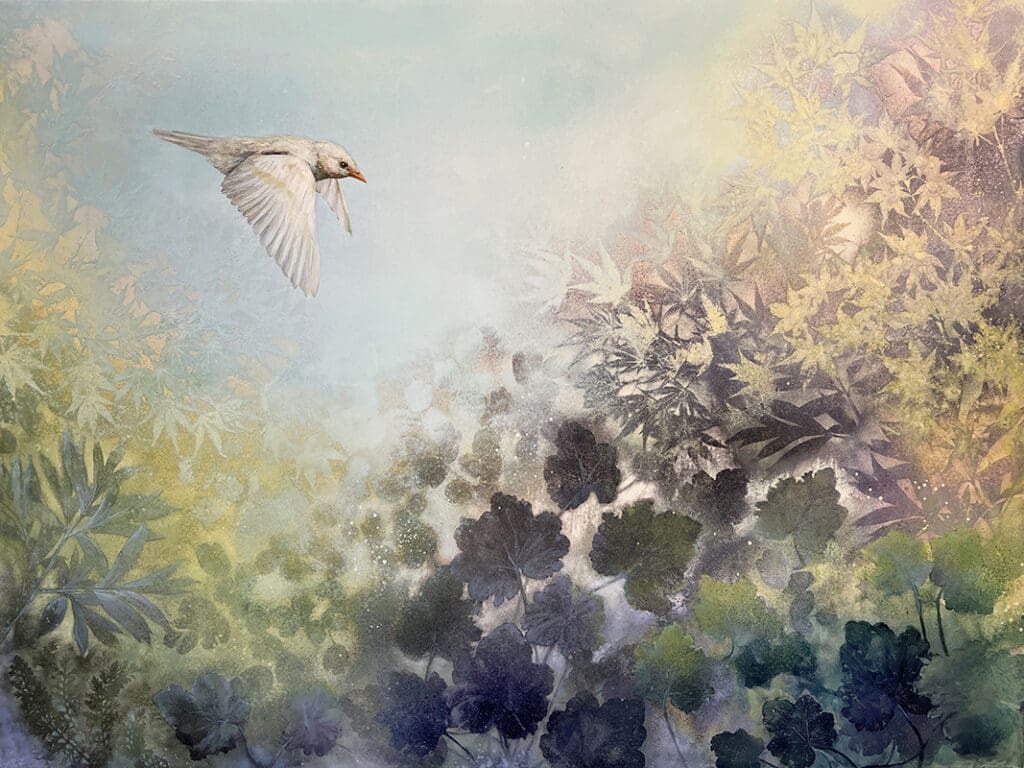 A painting of a bird flying over some bushes