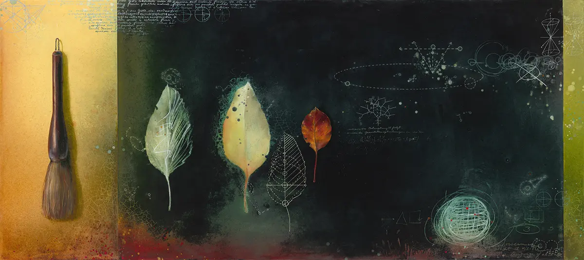 A painting of four leaves in the dark.