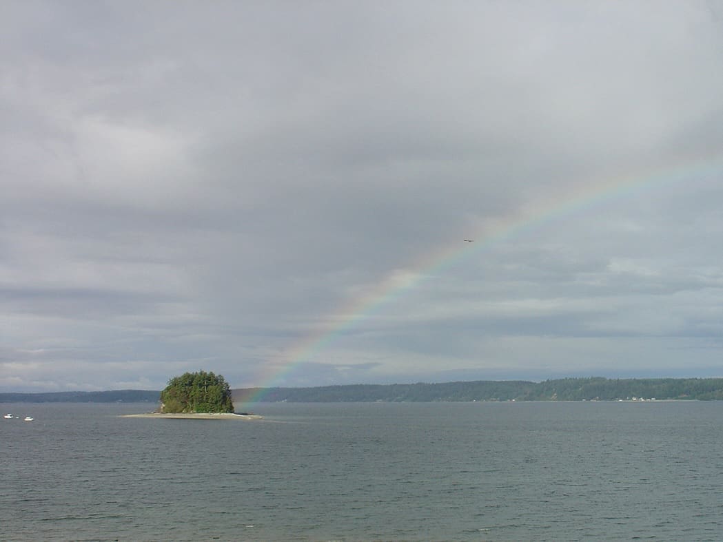 A rainbow over the ocean with a small island in it.