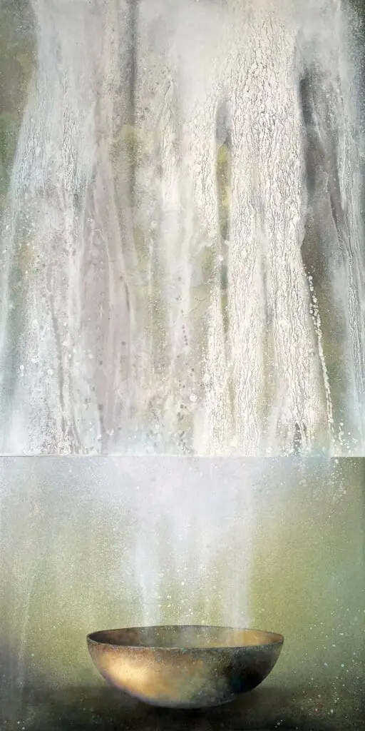 A blurry image of a waterfall with water pouring.