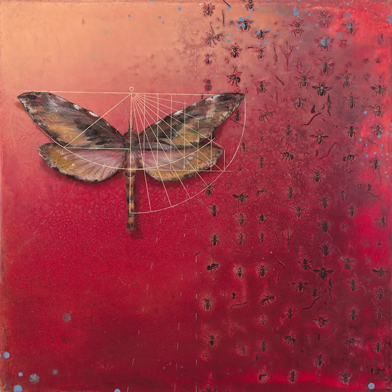 A painting of a butterfly on red background