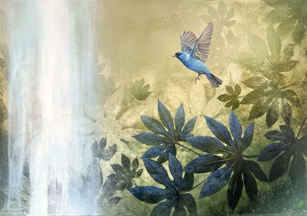 A painting of a bird flying over leaves
