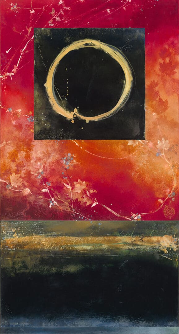 A painting of an orange and red background with a black circle in the middle.