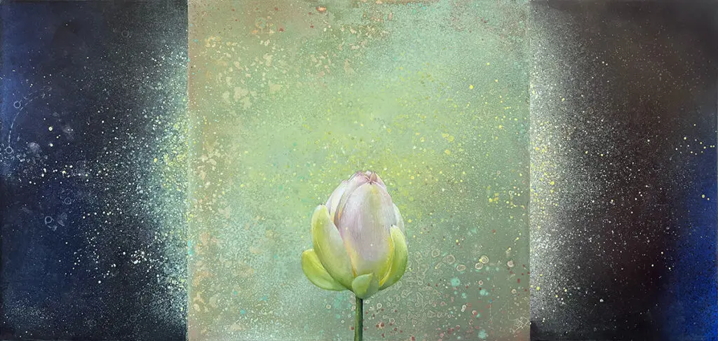 A painting of a flower with green leaves