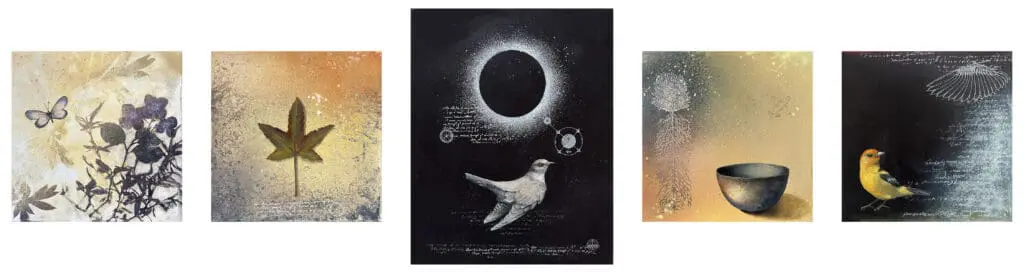 A painting of a bird flying near an eclipse.