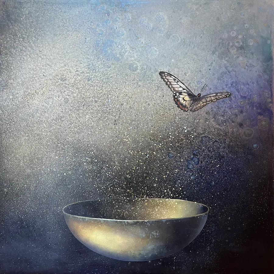 A painting of a bowl and a bird flying over it.