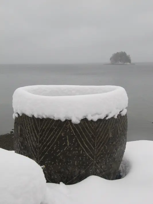 A bowl covered in snow on the beach.