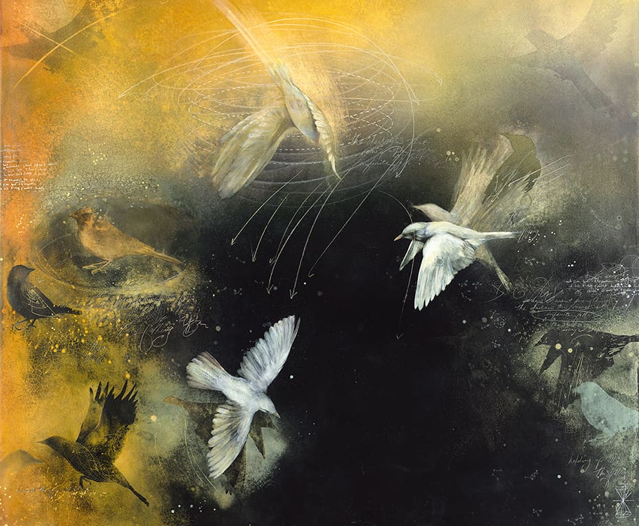 A painting of birds flying in the air.