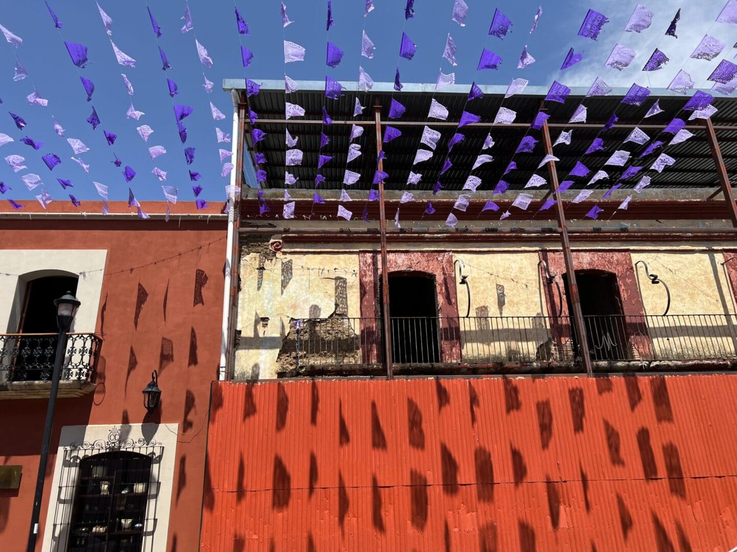 Purple kites hanging from a building in guadalajara, mexico.