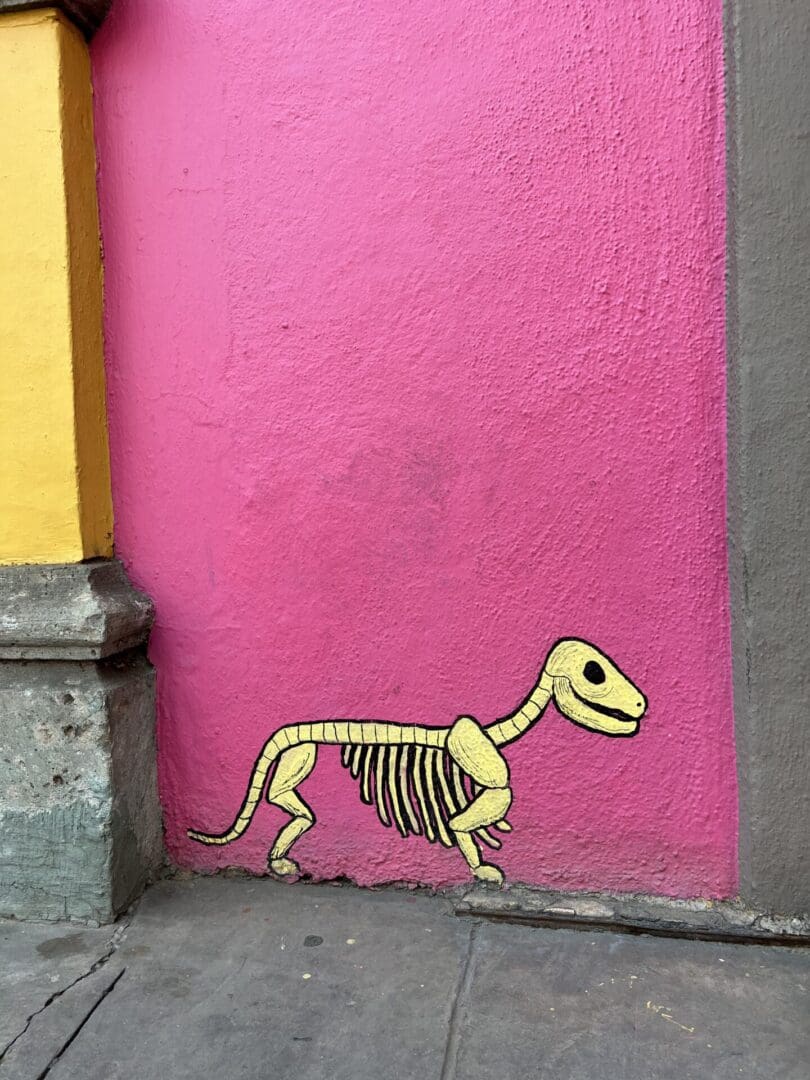 A drawing of a dinosaur on a pink wall.